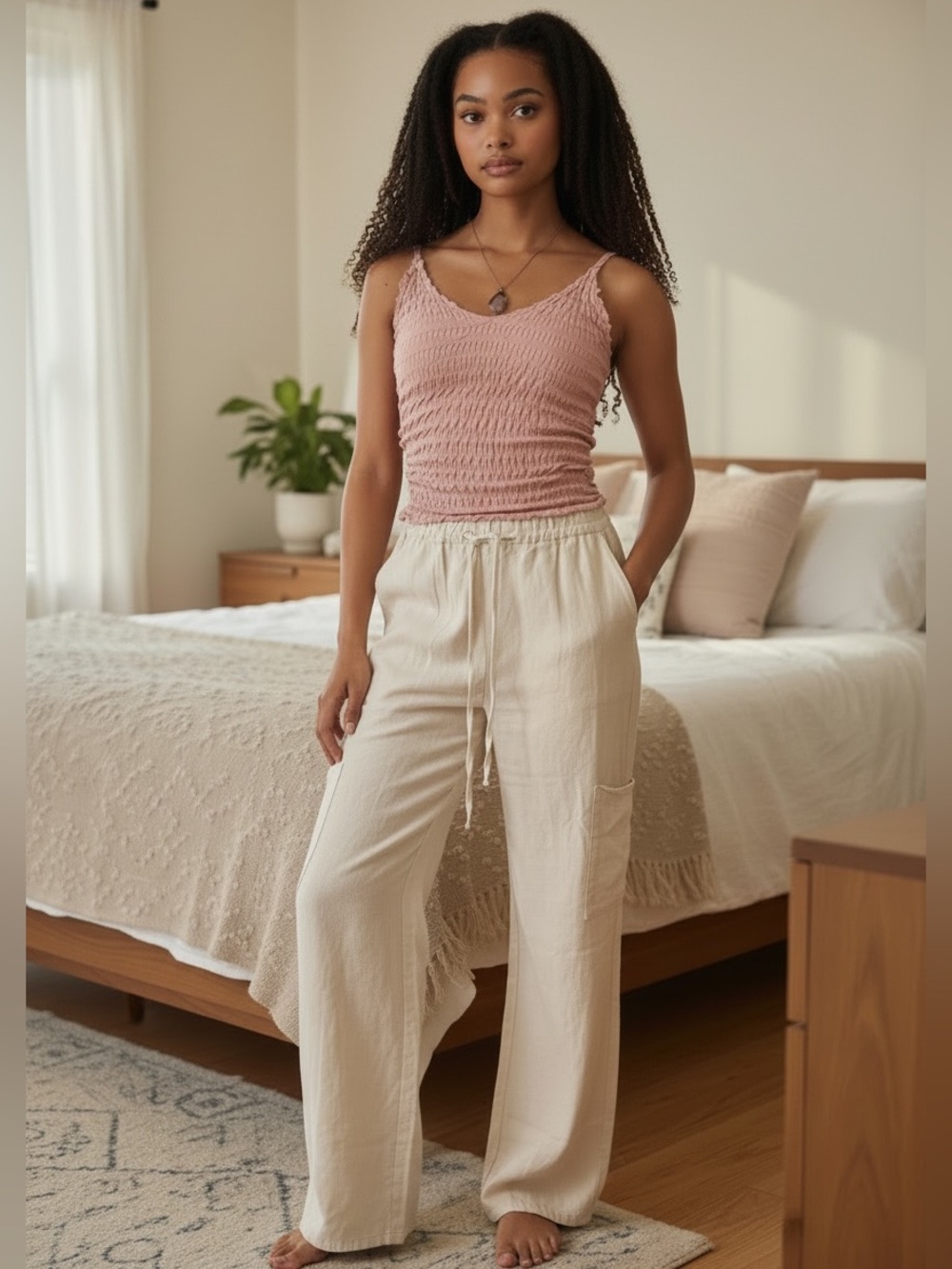Love Tree Beige Linen Drawstring Cargo Pants Size S